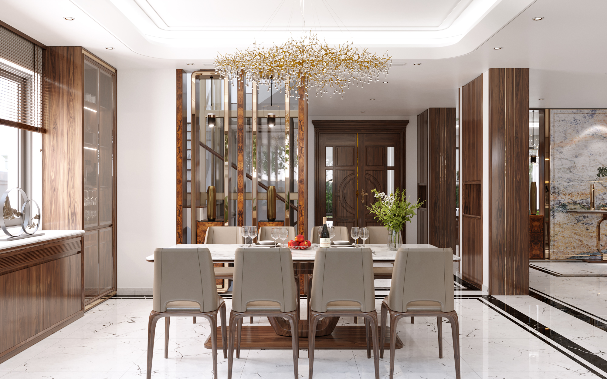 Mẫu bộ bàn ăn 8 ghế gỗ óc chó sang trọng