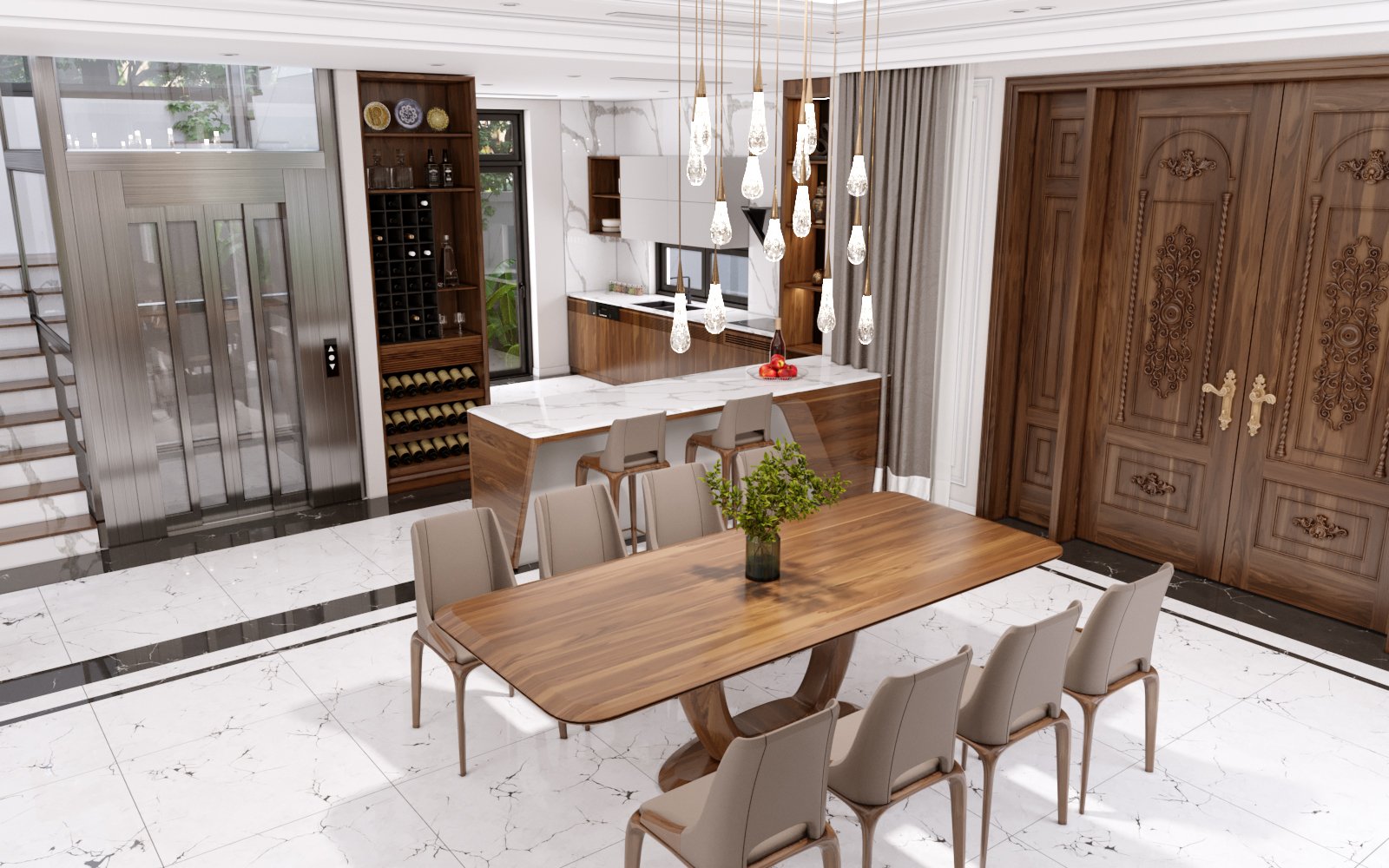 Mẫu bàn ăn nguyên tấm chân gỗ óc chó